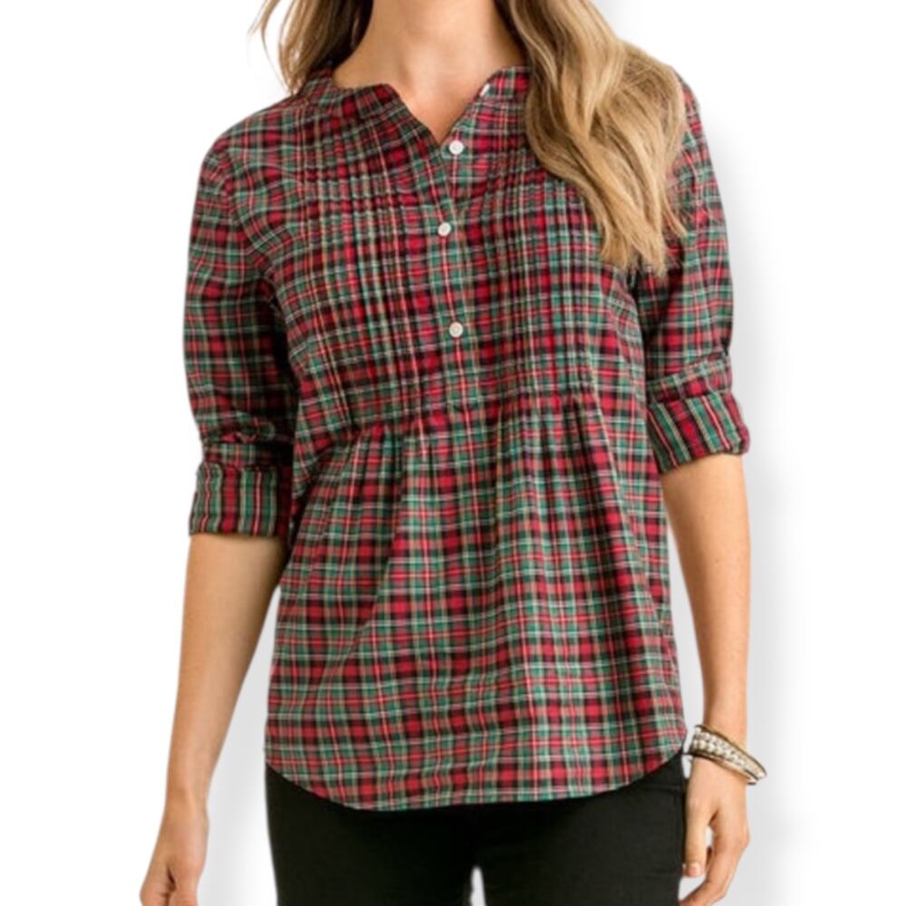 Vineyard Vines women's green red tartan plaid long sleeve twill flannel top US 8